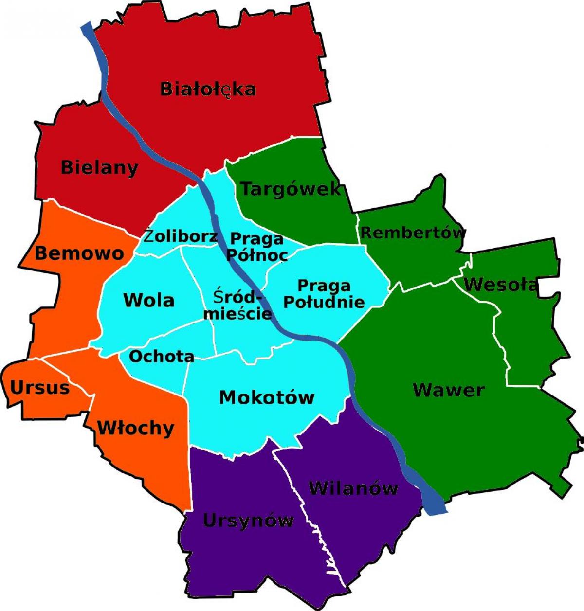 La carte de Varsovie districts 